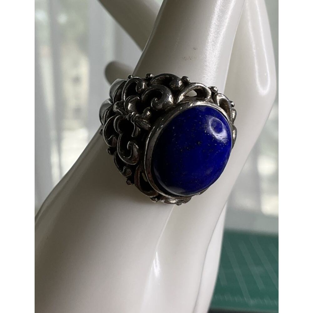 Vintage Lapis Lazuli Sterling Silver Ring Thailand J Filigree Statement Size 7.5 - Picture 7 of 8